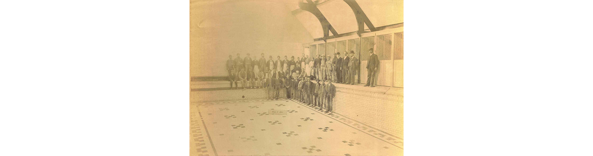 The men who built the swimming baths, 6th August 1892.
For a period of fourteen years prior to the build, the boys had exclusive use: fifteen hours a week, of the local Waterworks Company covered baths.
A sum of £65 per annum was paid for this privilege, which equates to approx. £9,400 today. The school's first aquatics sports day was held in 1880.